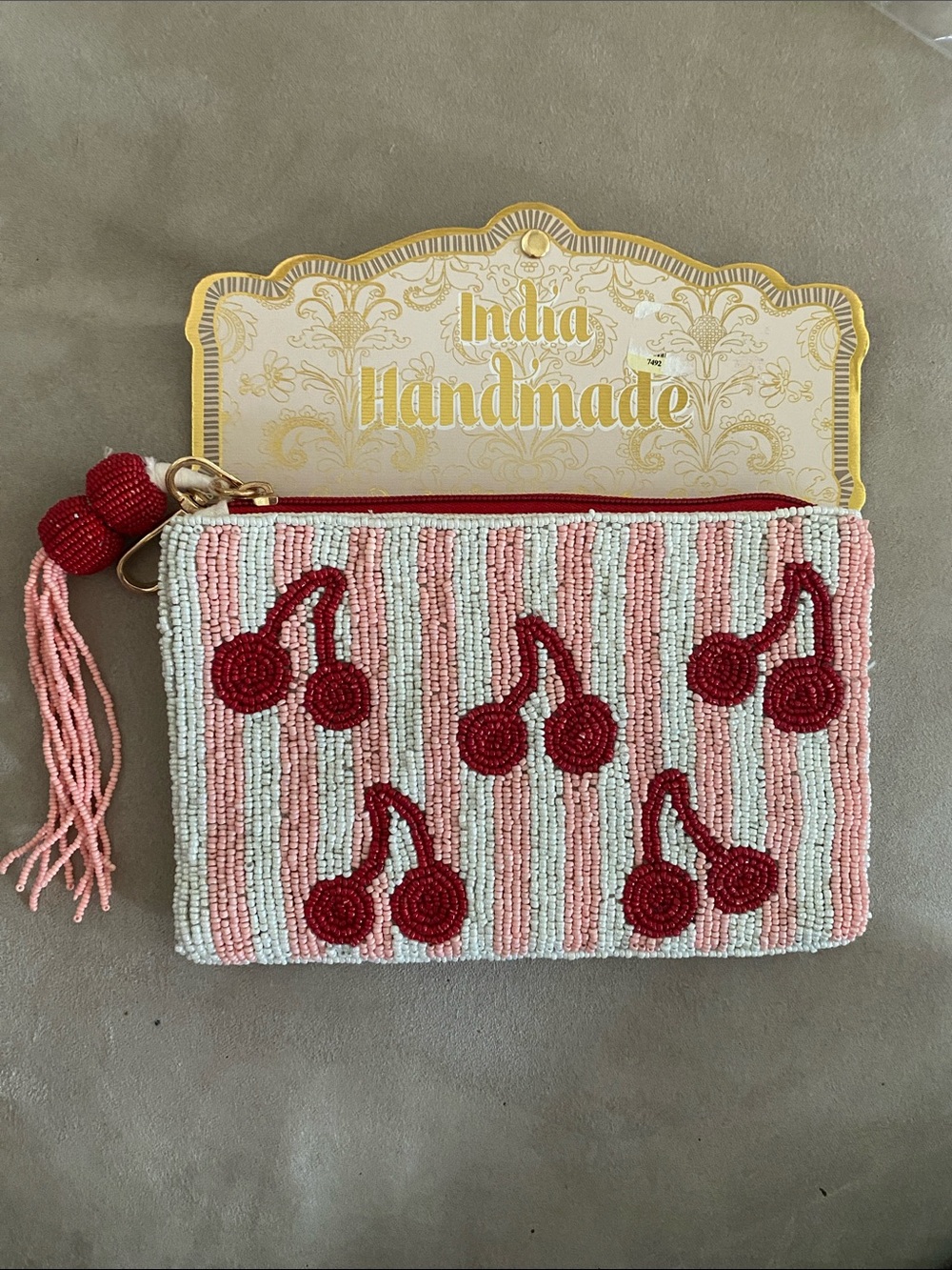 Pink Beaded Cherry Clutch NWT Handmade LARGE